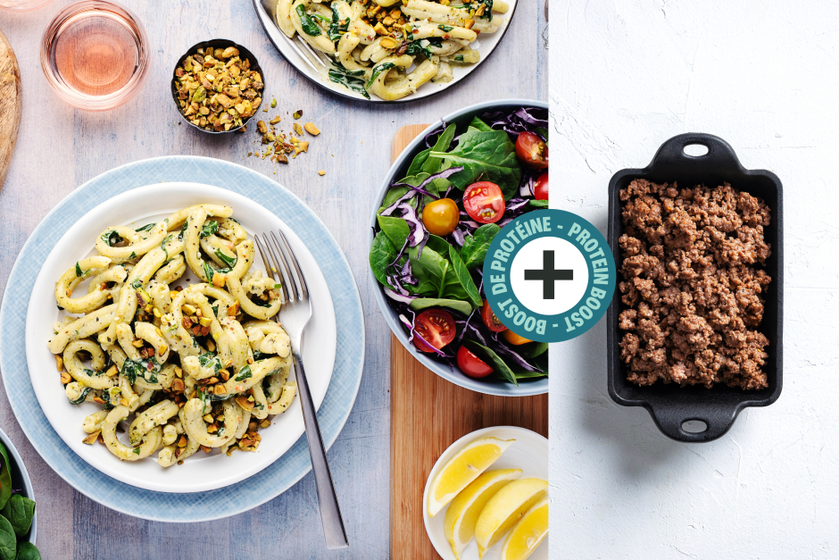 Boost de protéines | Gemellis frais avec bœuf, mascarpone, pesto et pistaches grillées