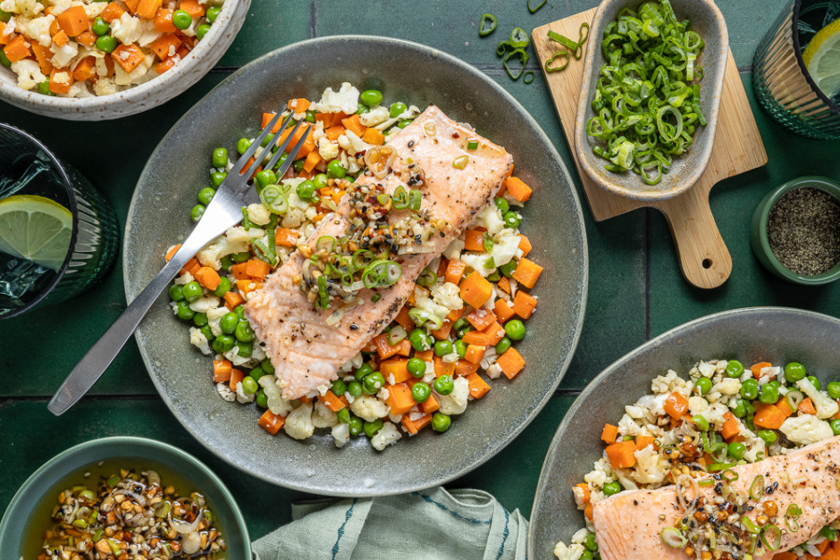 Quick Salmon & Cauliflower Fried 'Rice' Traybake