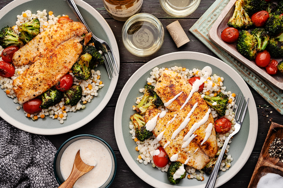 Blackened Tilapia over Pearl Couscous