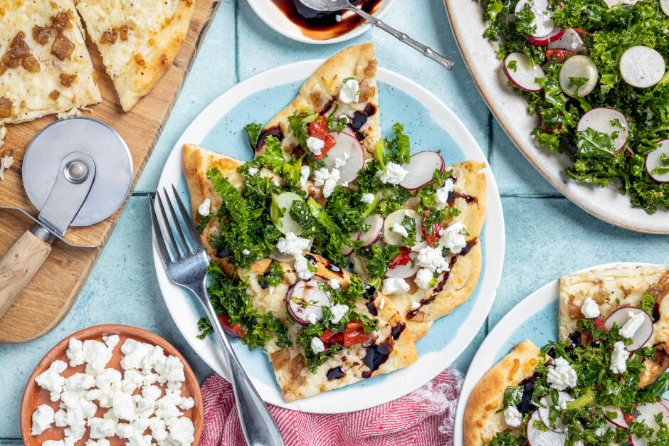 Grilled Kale & Caramelized Onion Flatbreads