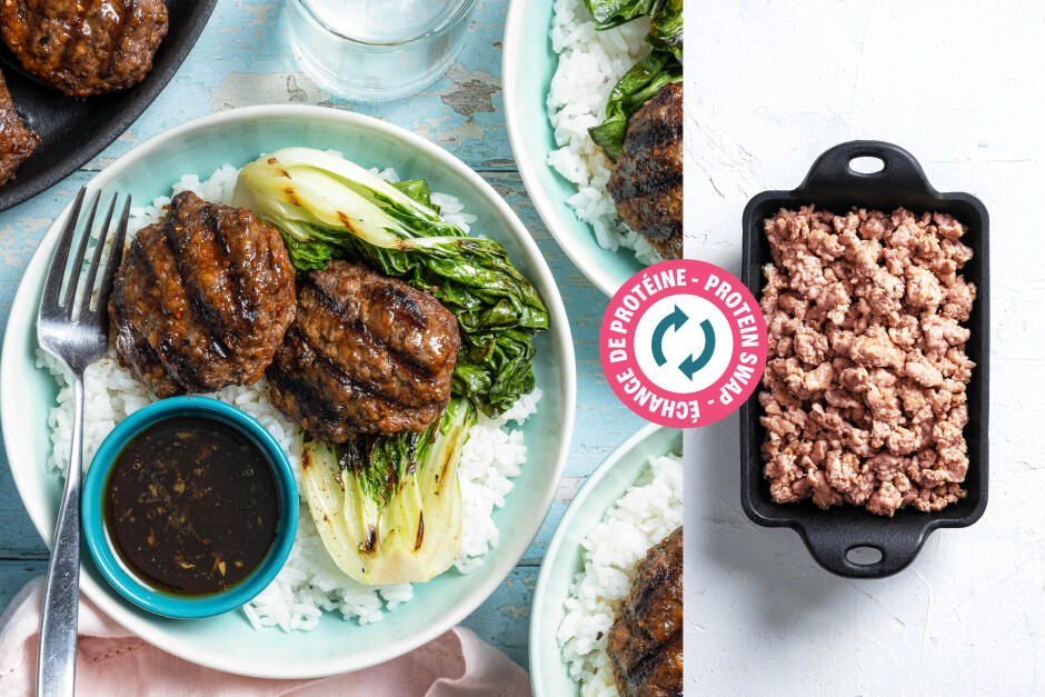 Échange de protéine | Bols de riz aux galettes de porc style bulgogi sur le BBQ