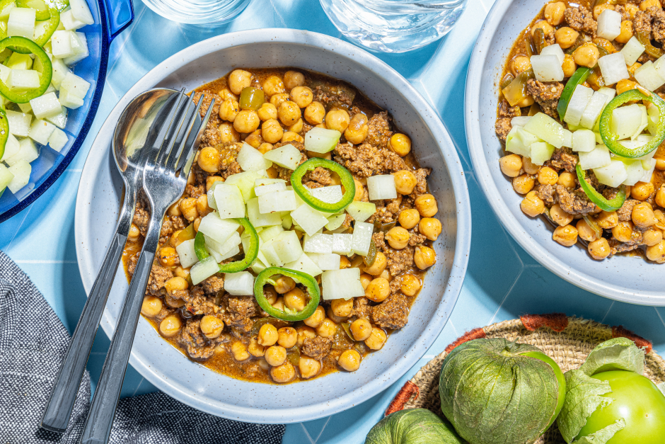 Chili verde épicé au bœuf et aux pois chiches