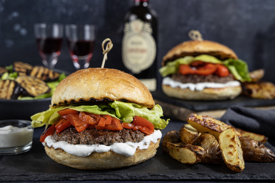 L’Artisan: BBQ Bison Burgers with Roasted Pepper & Tzatziki