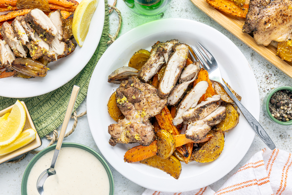 Sain + Sensé: Poulet au sumac, betteraves jaunes et carottes au four
