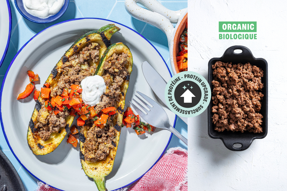 Protein Upgrade | BBQ Greek ORGANIC Beef Stuffed Zucchini Boats