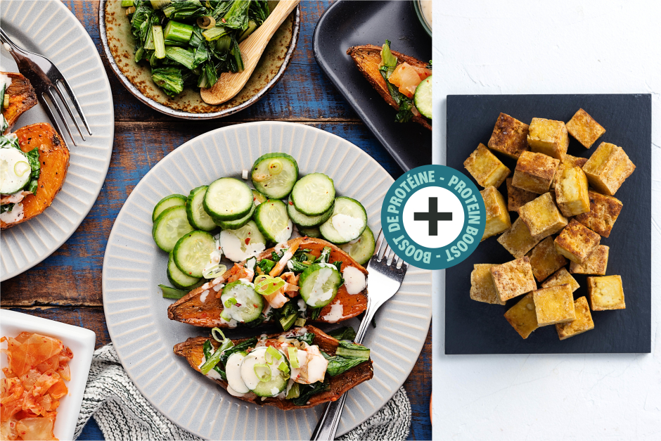 Protein Boost | Tofu, Kimchi & Asian Green Topped Sweet Potatoes