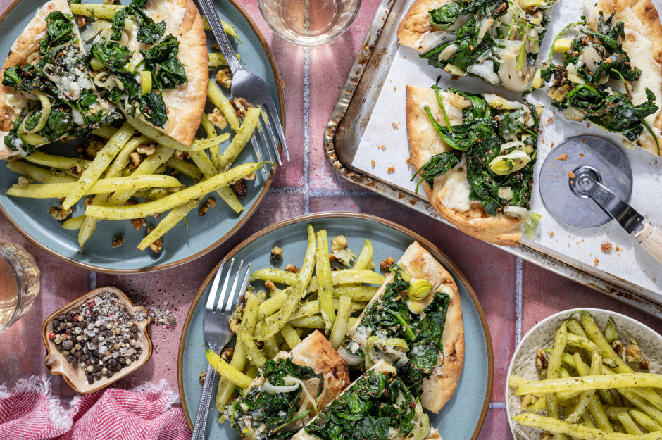Mascarpone, Greens & Leek Naan Pizzas