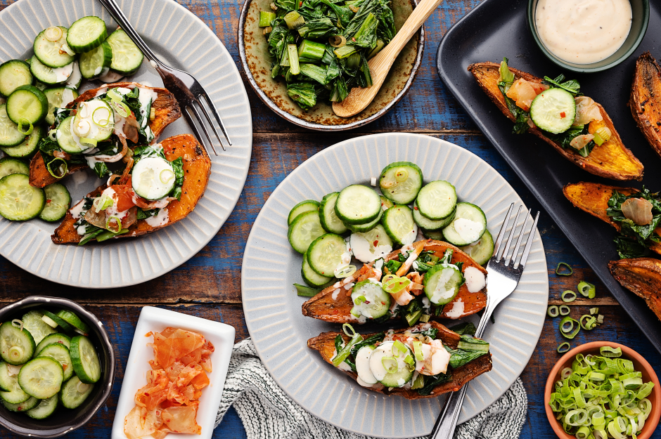 Hot Kimchi & Asian Green Topped Sweet Potatoes