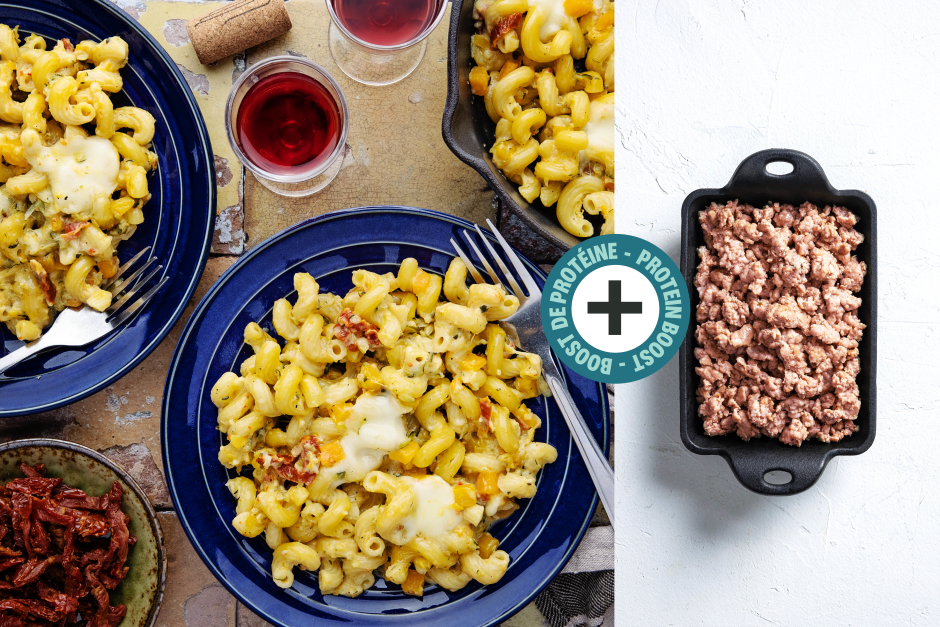 Boost de protéines | Macaroni double fromage aux légumes et saucisse