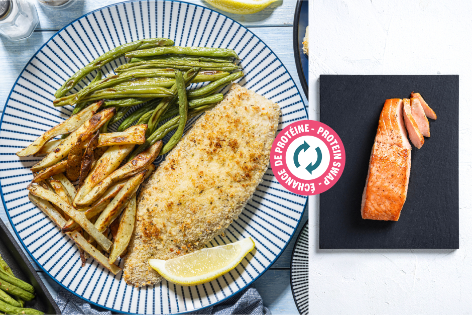Échange de protéine | Fish and chips au saumon sur une plaque