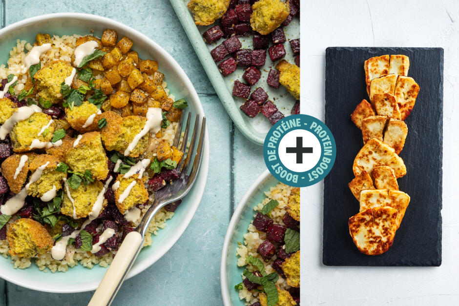 Protein Boost | Roasted Fall Veggie, Halloumi & Falafel Bowls