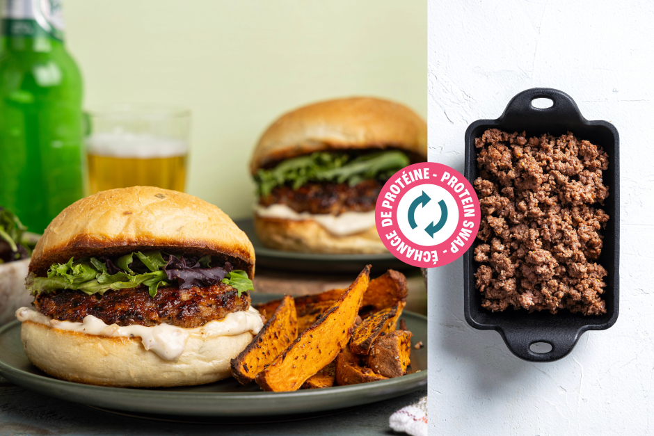 Protein Swap | Beef & Cheddar Burgers with Caramelized Onion Mayo