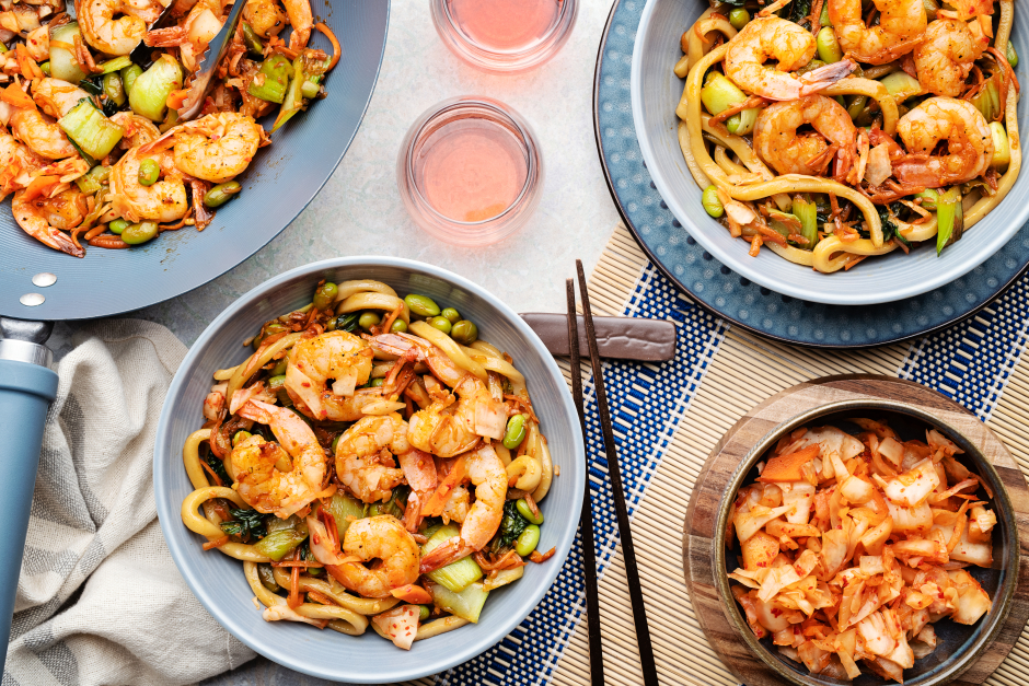 Speedy Shrimp & Kimchi Udon Noodle Bowls