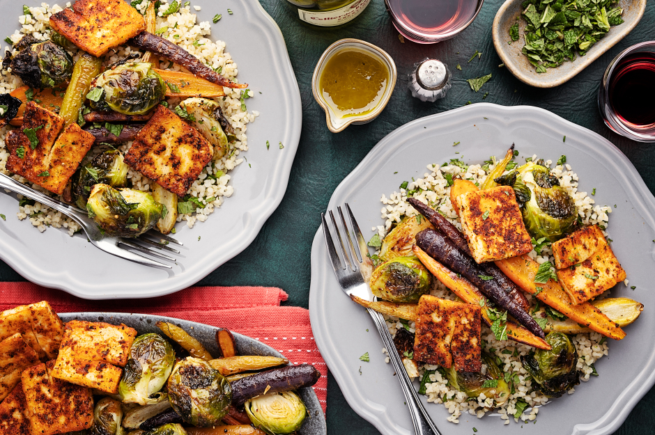 Golden Halloumi over Minty Bulgur