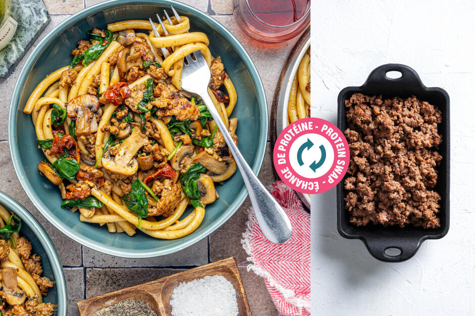 Protein Swap | Bucatini Primavera with Ground Beef