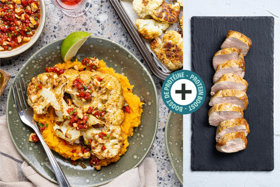 Protein Boost | Pork Tenderloin with Cauliflower ‘Steaks’ & Sweet Potato Mash