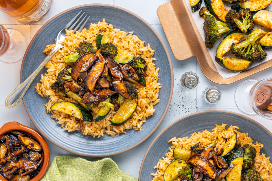 Saucy Shiitake Mushrooms over Roasted Veggies