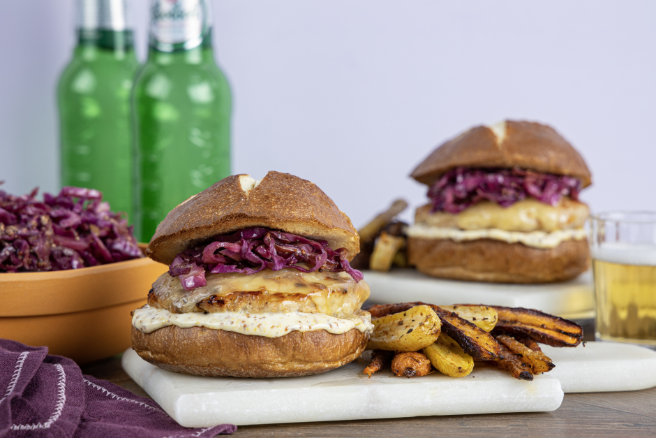 German-Style Pork Cheeseburgers on Pretzel Buns