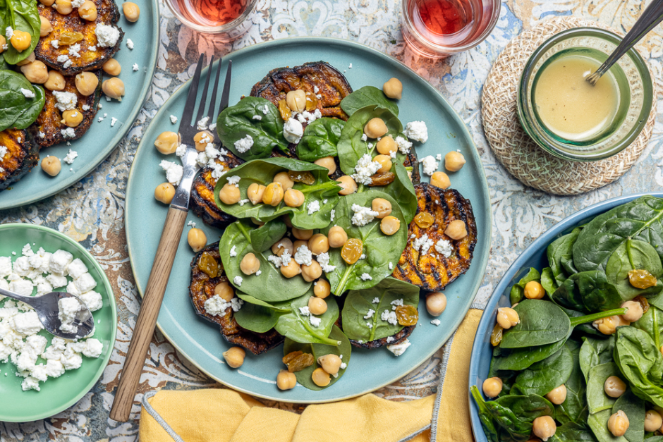 Moroccan Chickpea & Honey-Glazed Grilled Eggplant Salad