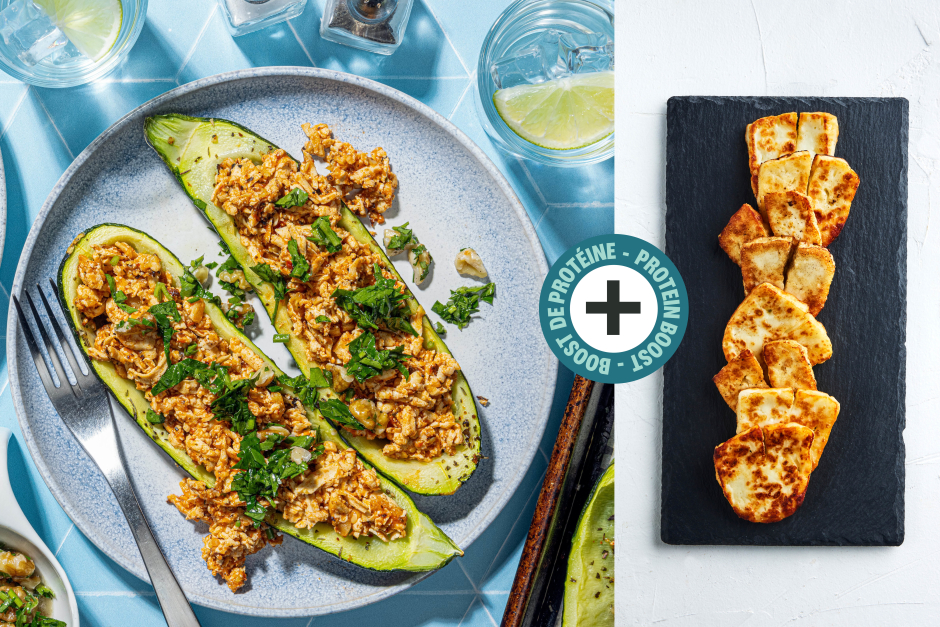 Protein Boost | Tofu & Halloumi Stuffed Zucchini Boats