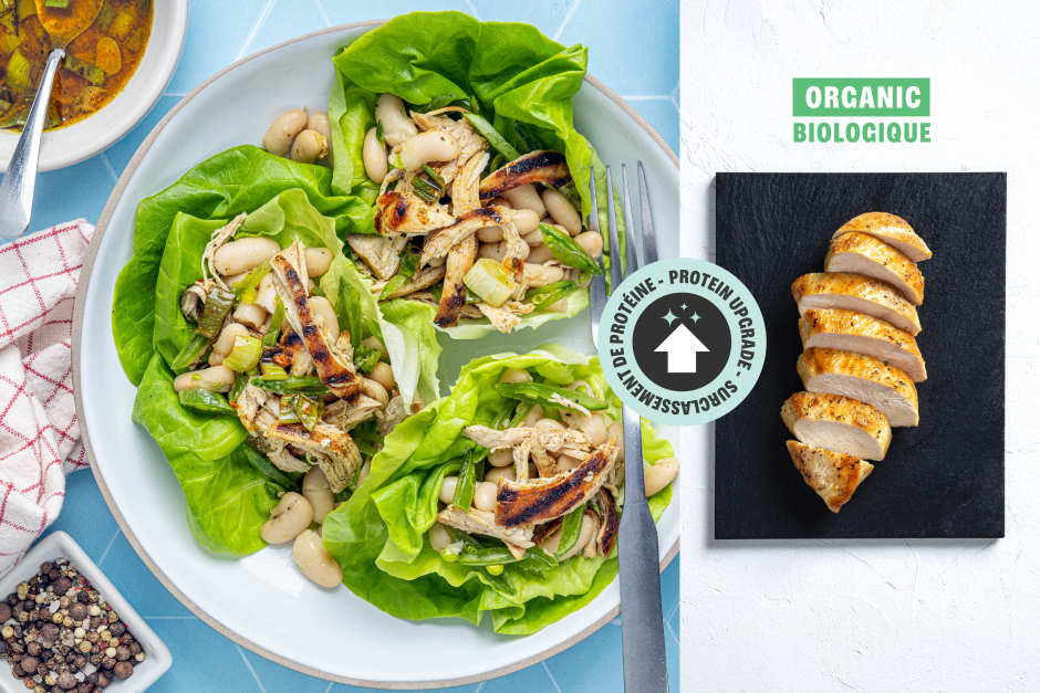 Surclassement de protéine | Sucres lents: Poulet BIO grillé et haricots blancs sur feuilles de laitue