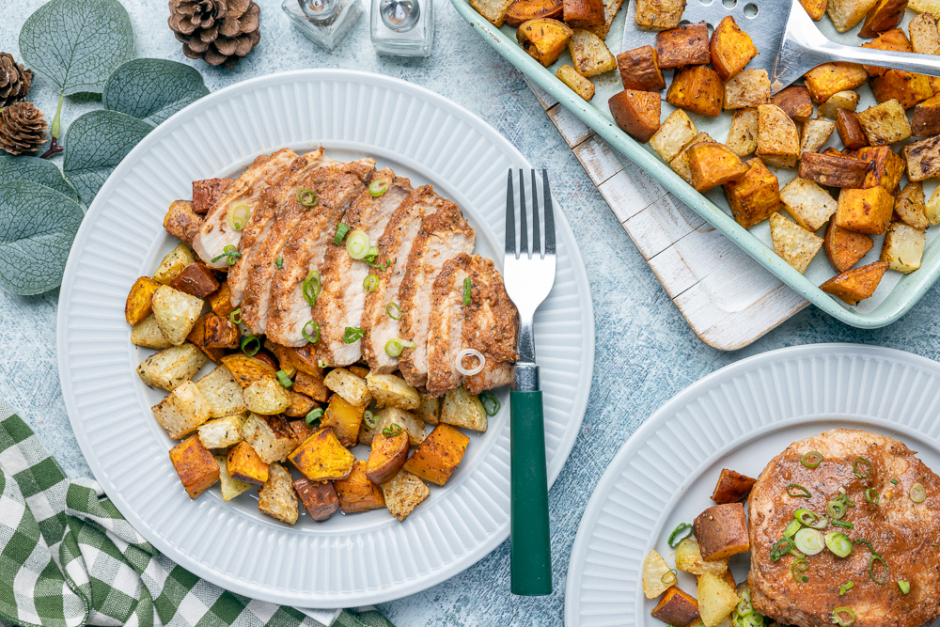 Sweet & Sticky Jerk Pork Chop Traybake