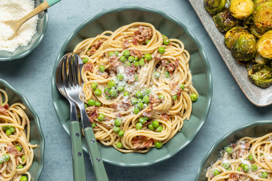 Spaghetti au bacon et aux petits pois