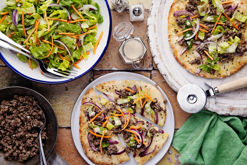 Quick Ground Beef & Mascarpone Pita Pizzas