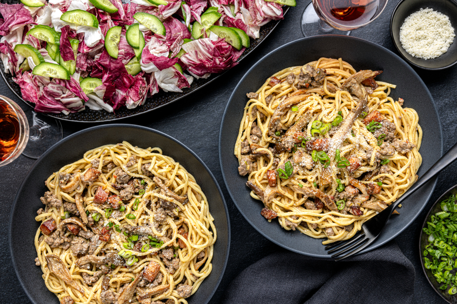 L’Artisan: Creamy Bison, Pancetta & Oyster Mushroom Spaghetti Alla Chitarra