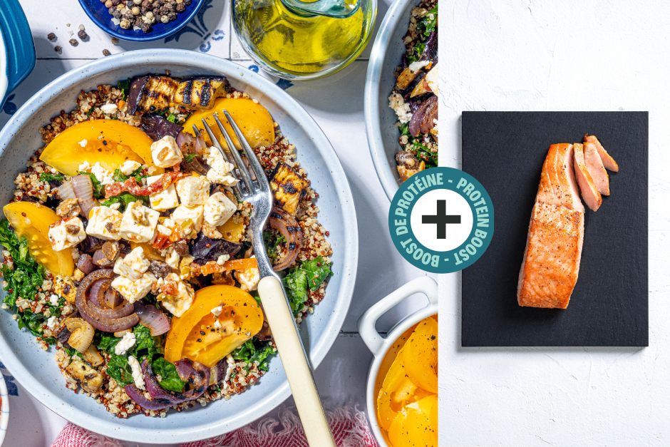 Protein Boost | Warm Greek Salad with Salmon & Olive-Marinated Feta