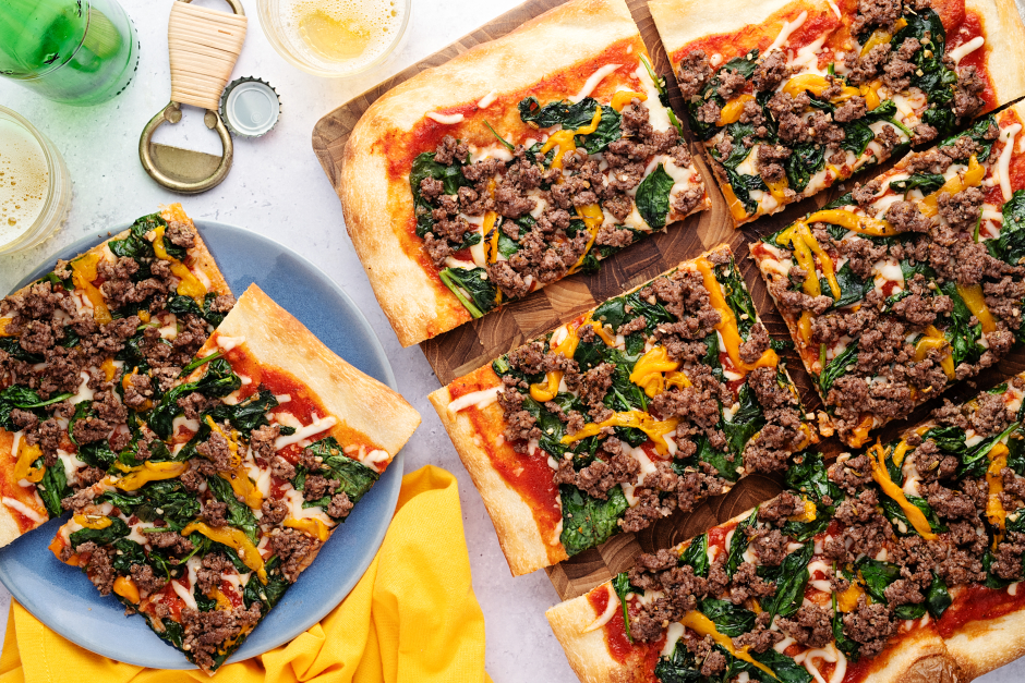 Ground Beef & Leafy Greens Sheet Pan Pizza