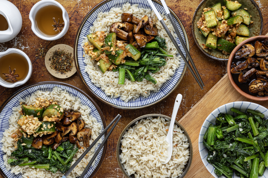 Sweet Soy Mushroom & Asian Greens Rice Bowls