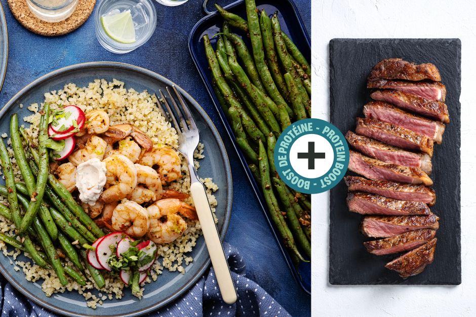 Boost de protéines | Sain + Sensé: Terre et mer bifteck de contre-filet et crevettes