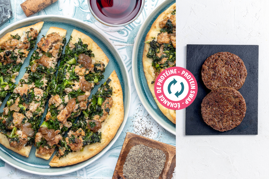 Protein Swap | Impossible™ Beef, Caramelized Onion & Kale Flatbreads