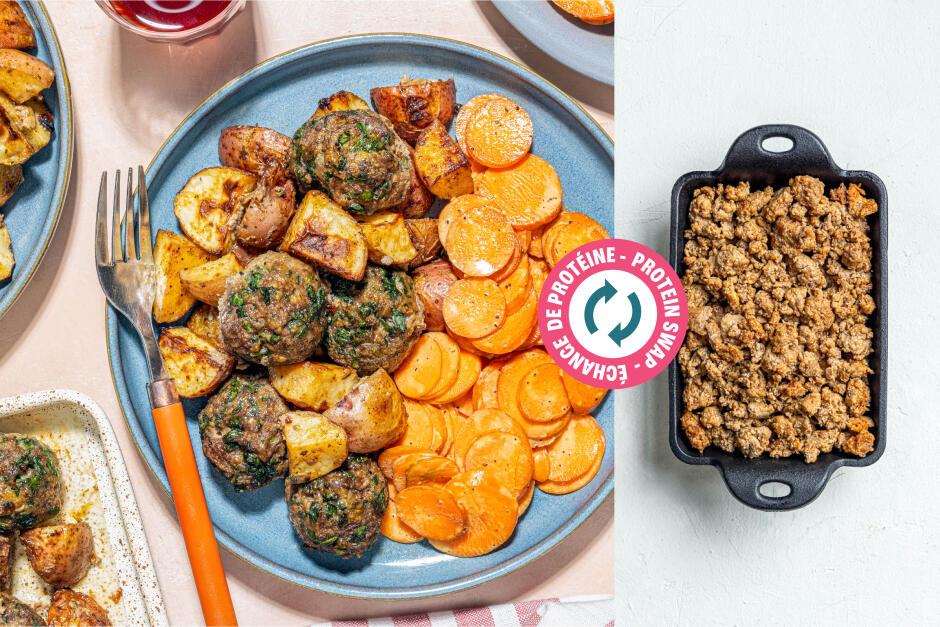 Échange de protéine | Boulettes de chorizo aux légumes verts incognito sur une plaque