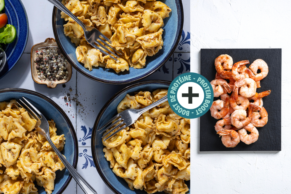 Boost de protéines | Tortellinis au fromage crémeux avec crevettes et pesto de tomates