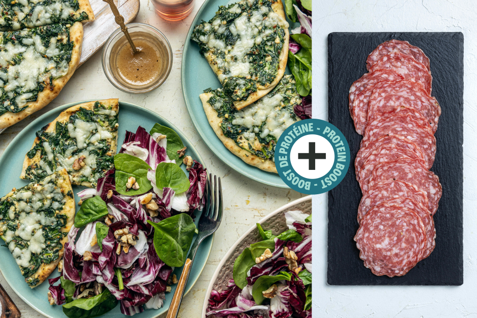 Protein Boost | Quick Genoa Salami & Cheesy Greens Naan Pizzas
