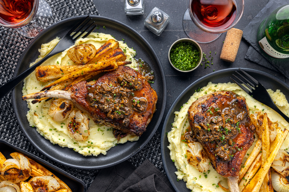 L’Artisan: Bone-In Pork Chops with Porcini Sauce & Roasted Cipollini Onions
