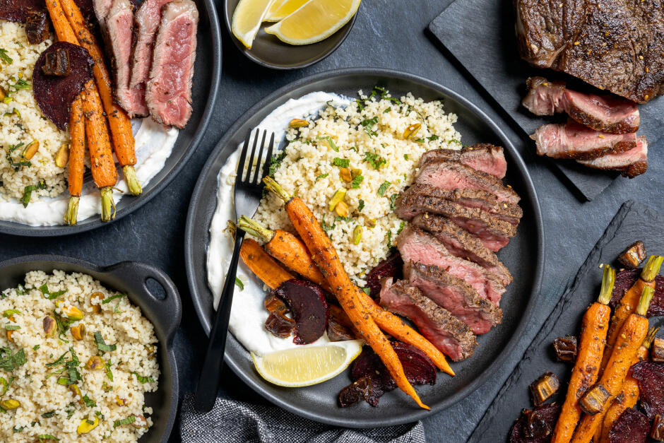 Grass-Fed Porterhouse Steak over Pistachio-Mint Couscous