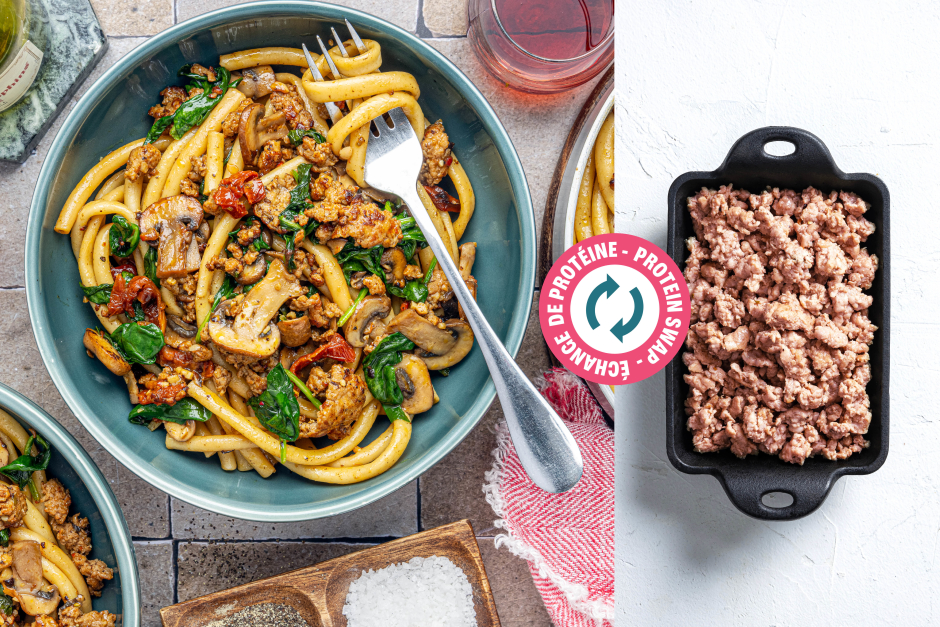 Protein Swap | Ground Pork Bucatini Primavera