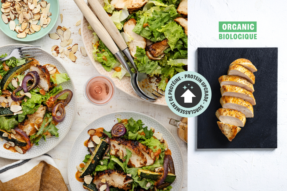 Surclassement de protéine | Sucres lents: Salade aux poitrines de poulet BIO romesco espagnoles