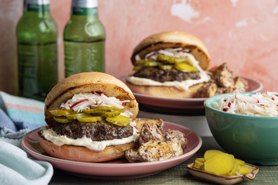 ORGANIC Beef Burgers with Creamy Potato Salad