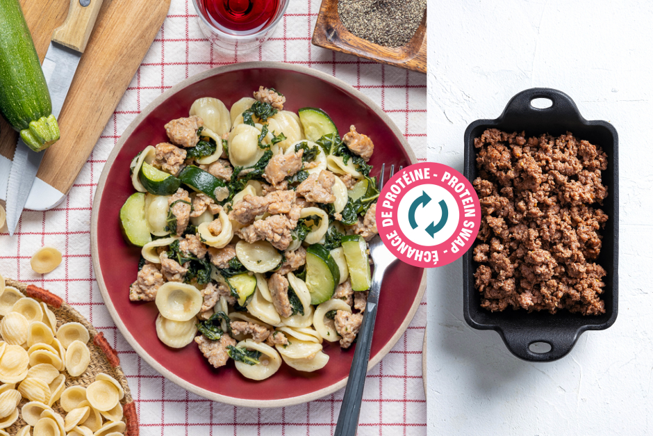 Protein Swap | Creamy Ground Beef & Kale Orecchiette