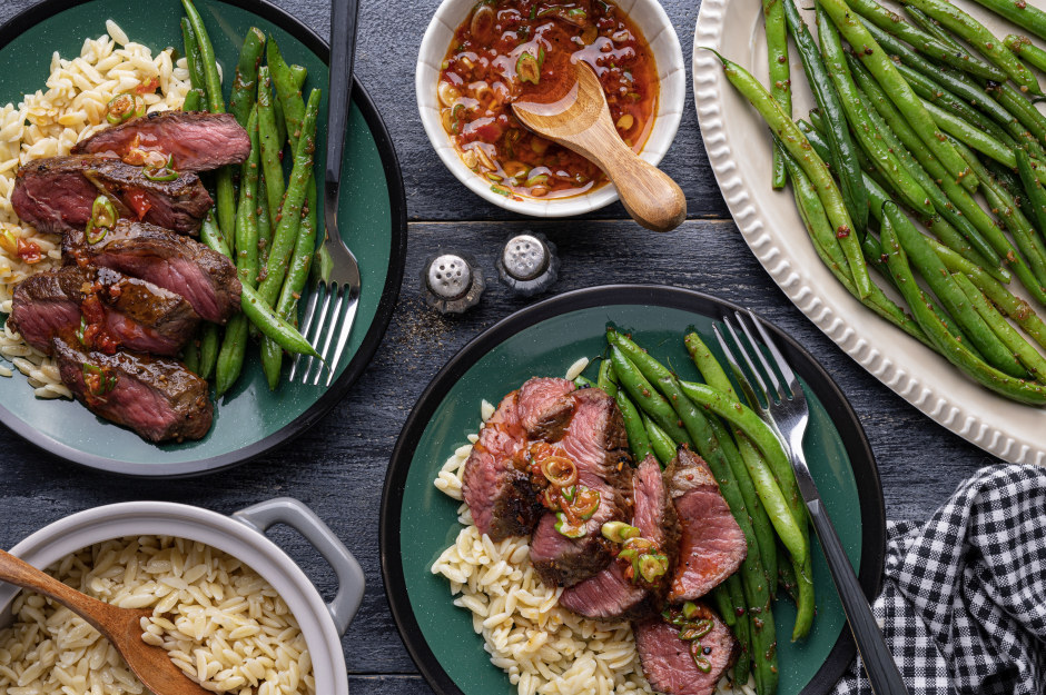 Pan-Seared Steaks & Roasted Pepper Vinaigrette