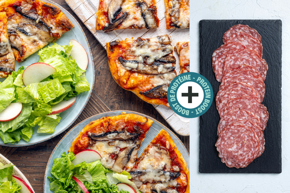 Boost de protéines | Pizzas naans rapido au salami, champignons portobellos et au cheddar vieilli