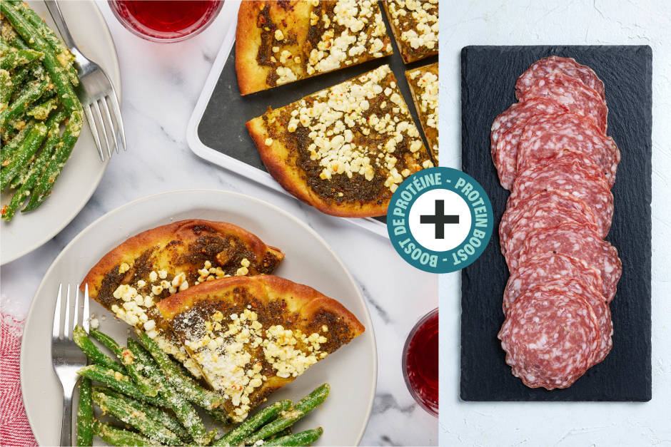 Protein Boost | Salami, Roasted Garlic, Pesto & Goat Cheese Naan Pizzas
