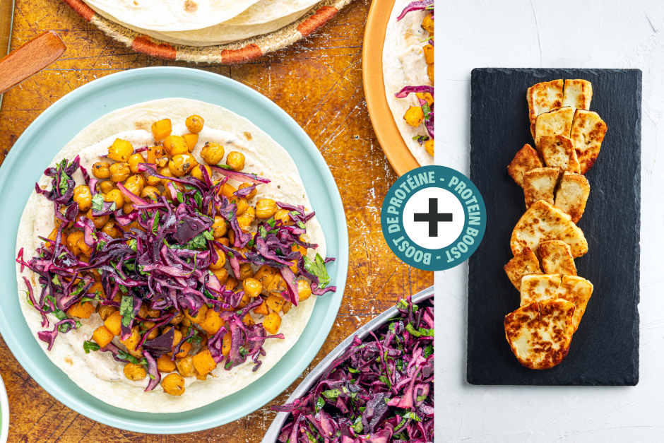 Boost de protéines | Tacos d’halloumi, pois chiches et courge musquée rôtis à la salsa verde piquante