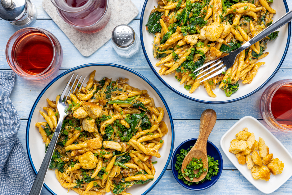 10-Minute Fresh Trofie with Chive-Crouton Garnish