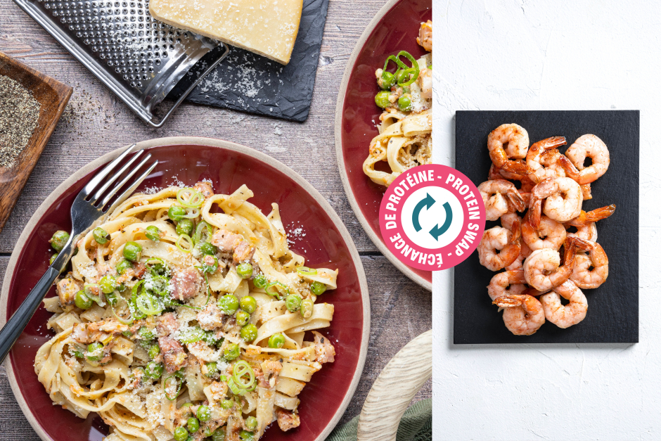 Échange de protéine | Tagliolinis frais avec crevettes et pois en 10 minutes