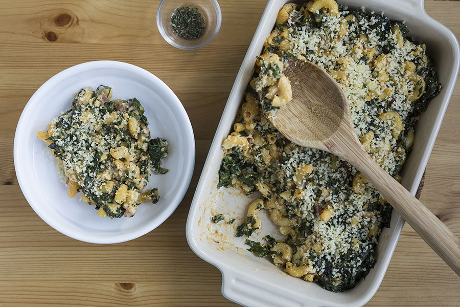 Kale and Pancetta Mac & Cheese with Crispy Panko Crumble